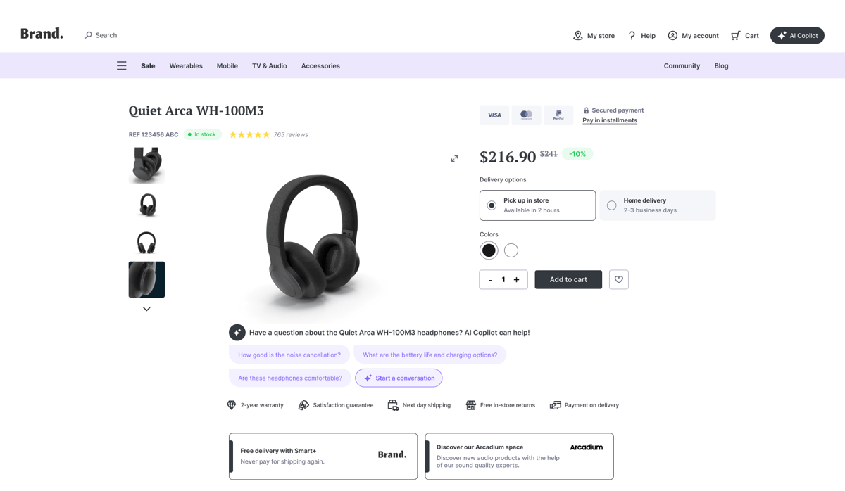 Conversation Starters buttons on the product page for a pair of headphones.
