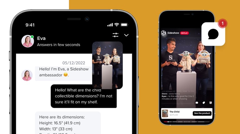 Header image for Conversational Replay. The image shows how the feature works, where you can message with a customer service rep while you watch the replay of a live shopping event. 