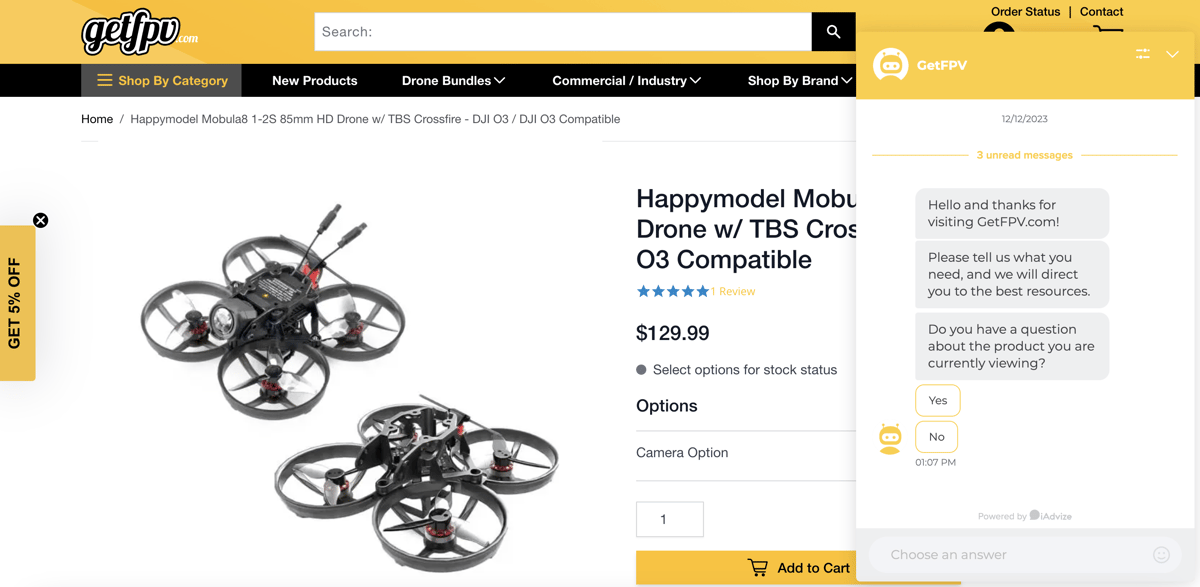 GetFPV's website with the generative AI bot set up.