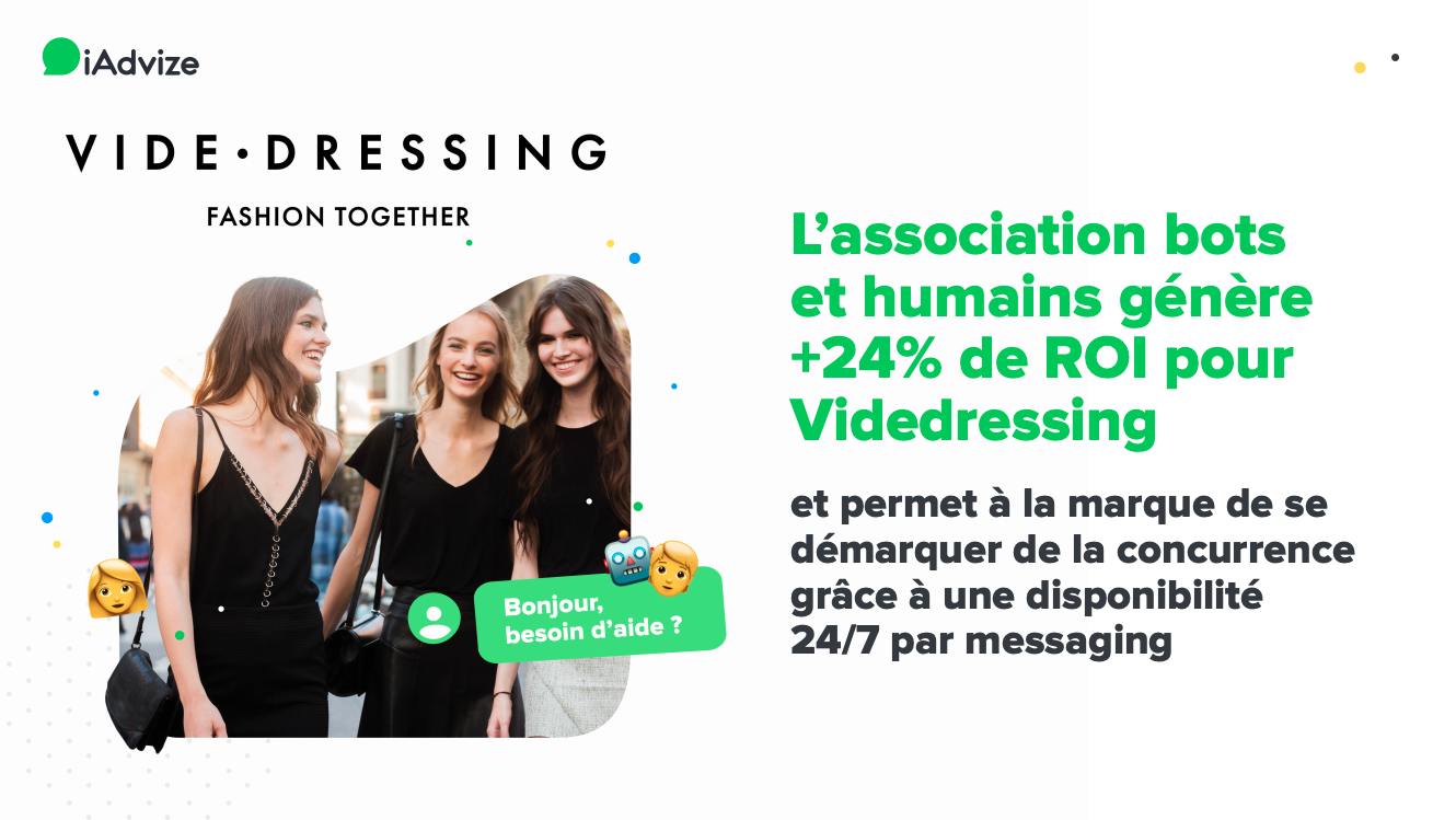 Etude de cas Videdressing & iAdvize : L'association bots et humains génère +24% de ROI pour Videdressing et permet à la marque de se démarquer de la concurrence grâce à une disponibilité 24/7 par messaging