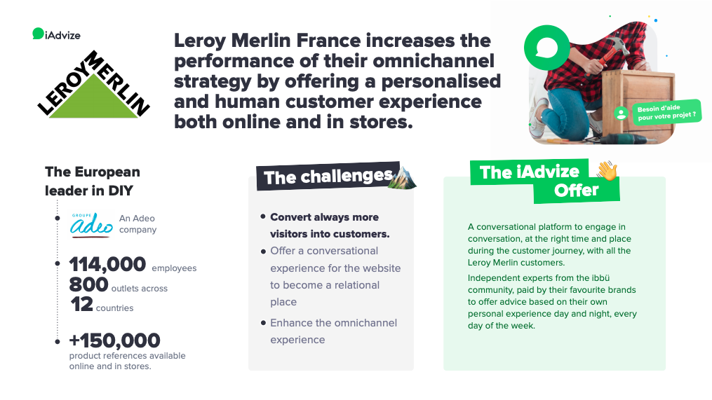 Leroy Merlin success story with iAdvize: Leroy Merlin France increases the performance of their omnichannel strategy by offering a personalised and human customer experience both online and in stores. 