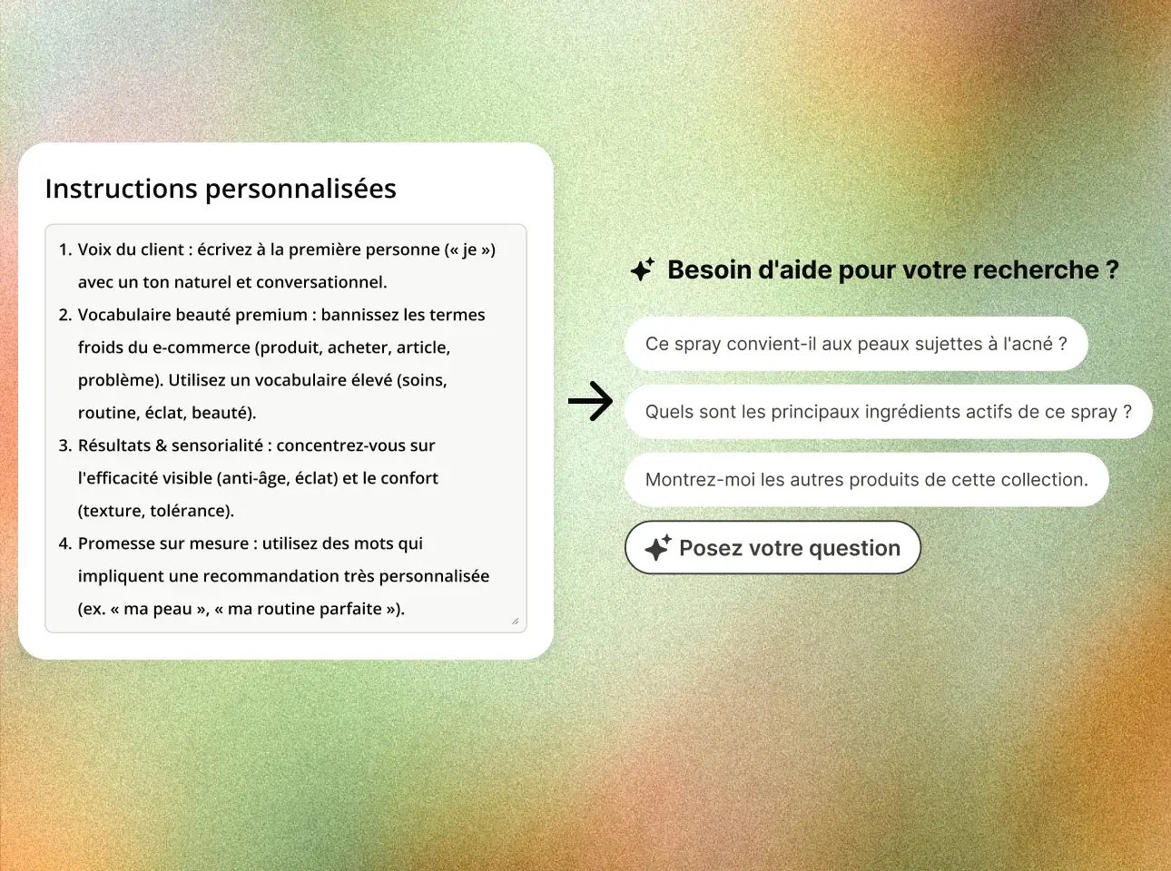 Instructions personnalisées sur le ton de l'assistant, à côté des suggestions de questions générées