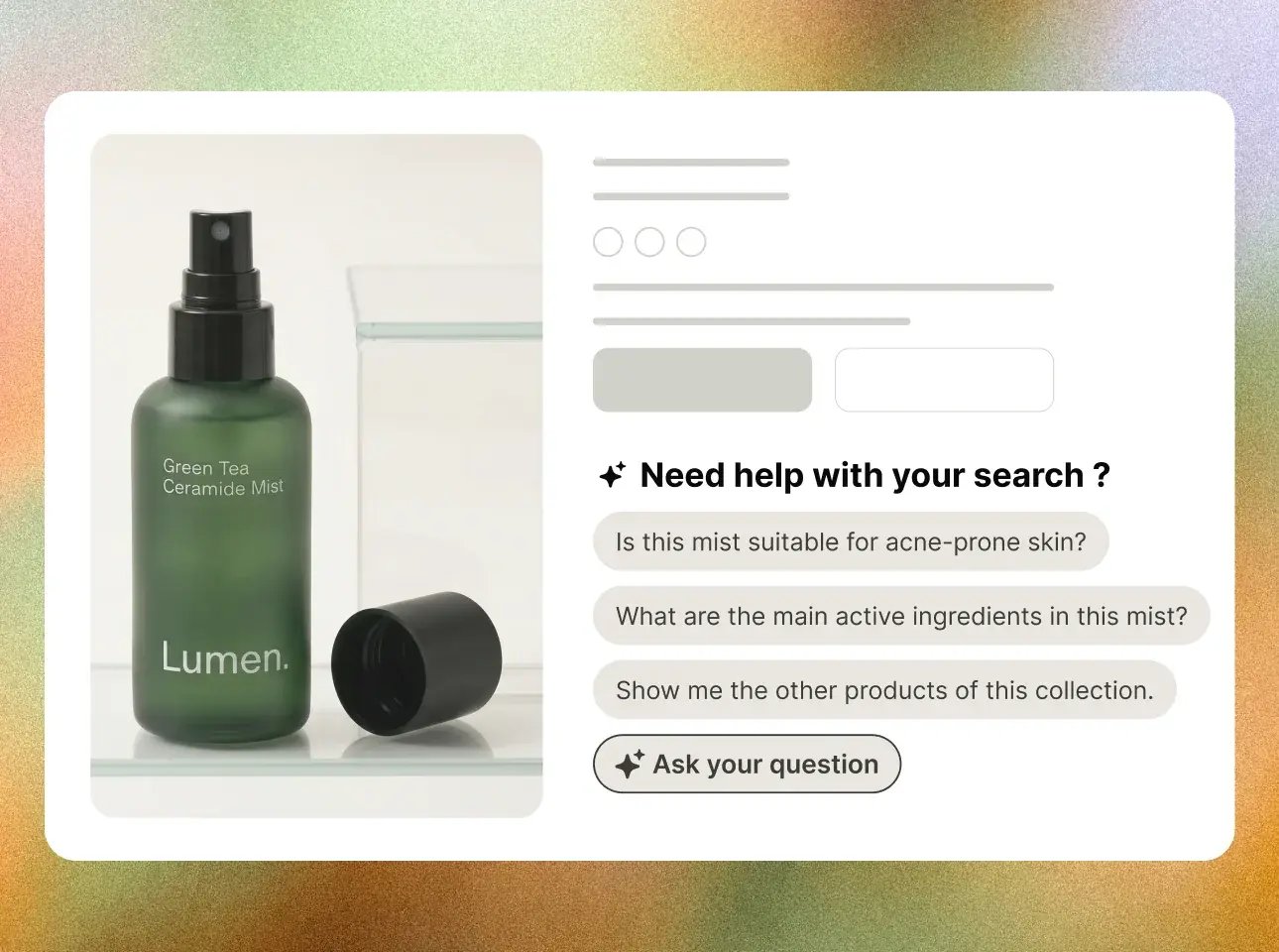Product page with suggested shopper questions and an "Ask your question" button
