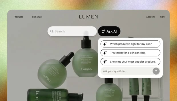 Search bar with an “Ask AI” button showing suggested shopping questions on a skincare website