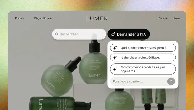 Barre de recherche avec un bouton « Ask AI » et des questions suggérées sur un site de soins de la peau
