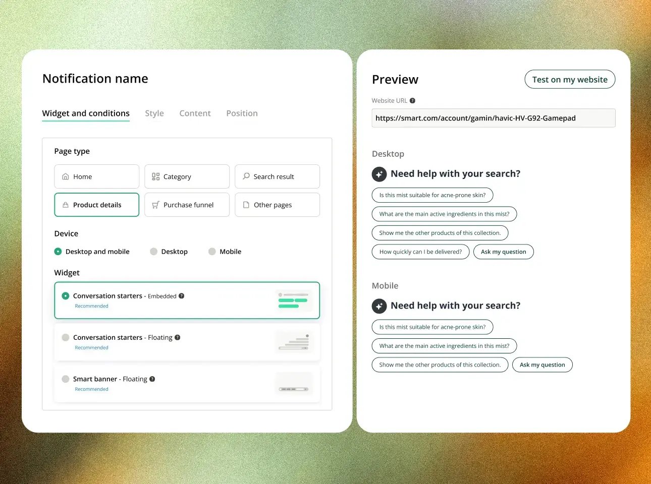 Campaign settings to target pages and devices, with a desktop and mobile preview