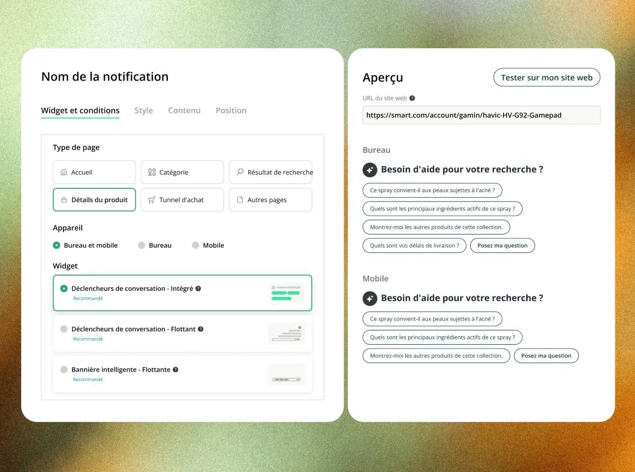 Paramètres de campagne pour cibler pages et appareils, avec aperçu desktop et mobile