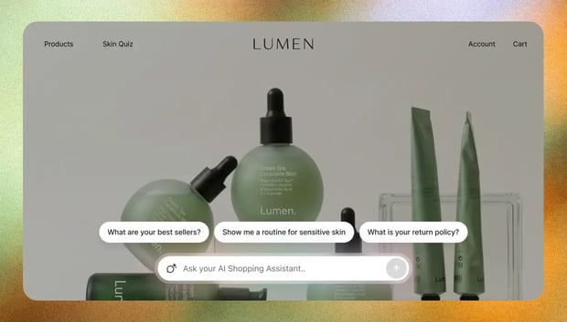 Floating AI search bar at the bottom of a product page, with suggested shopping questions