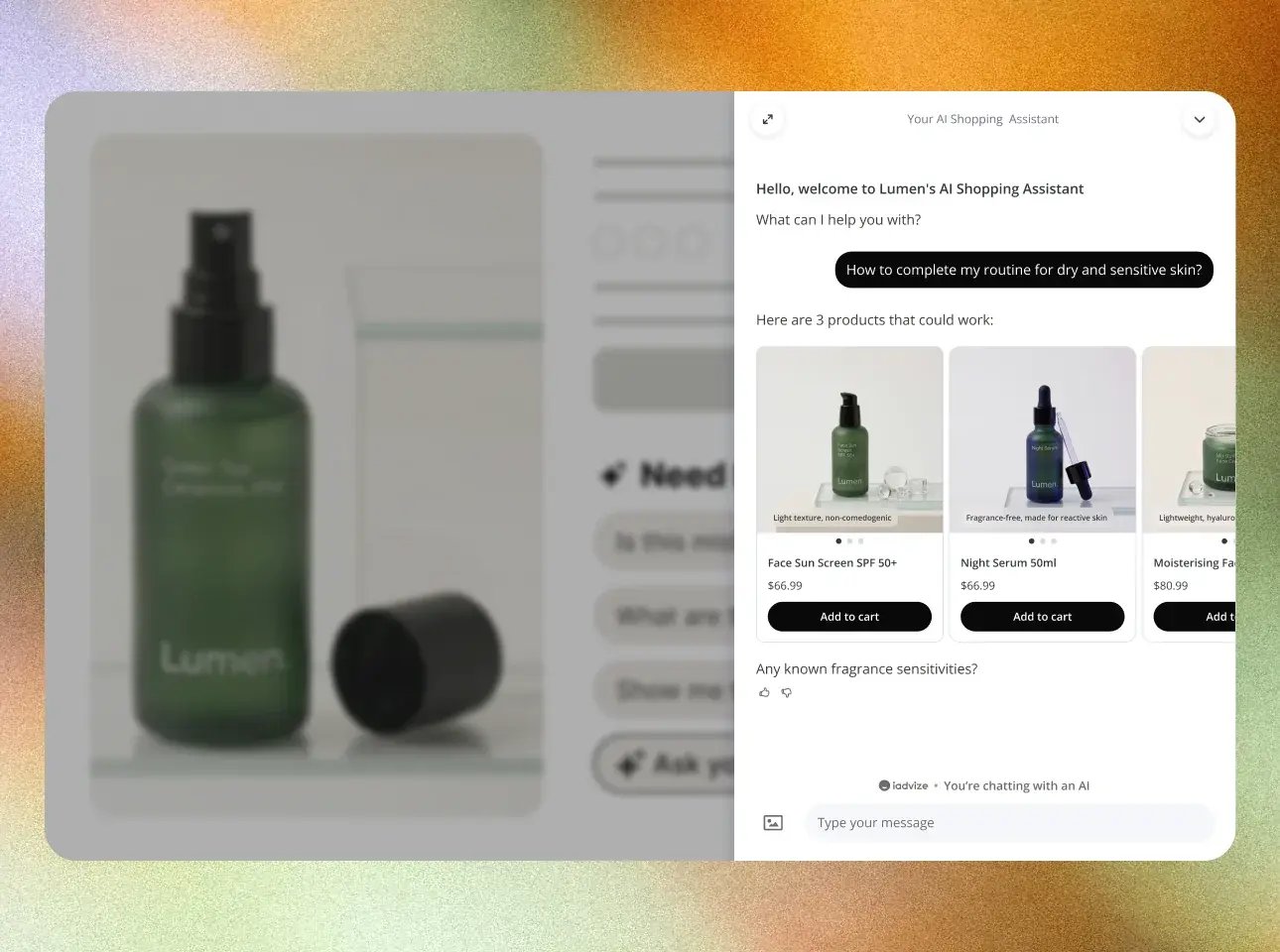 AI Shopping Assistant panel recommending three skincare products with add-to-cart buttons