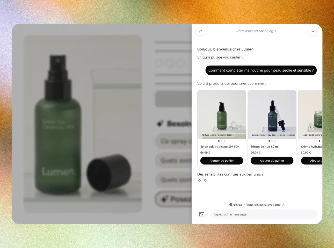 Panneau de l'AI Shopping Assistant recommandant trois soins avec boutons d'ajout au panier