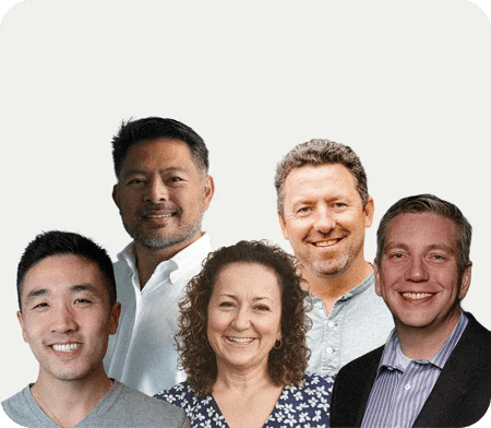 Five smiling people posing together, likely webinar participants.