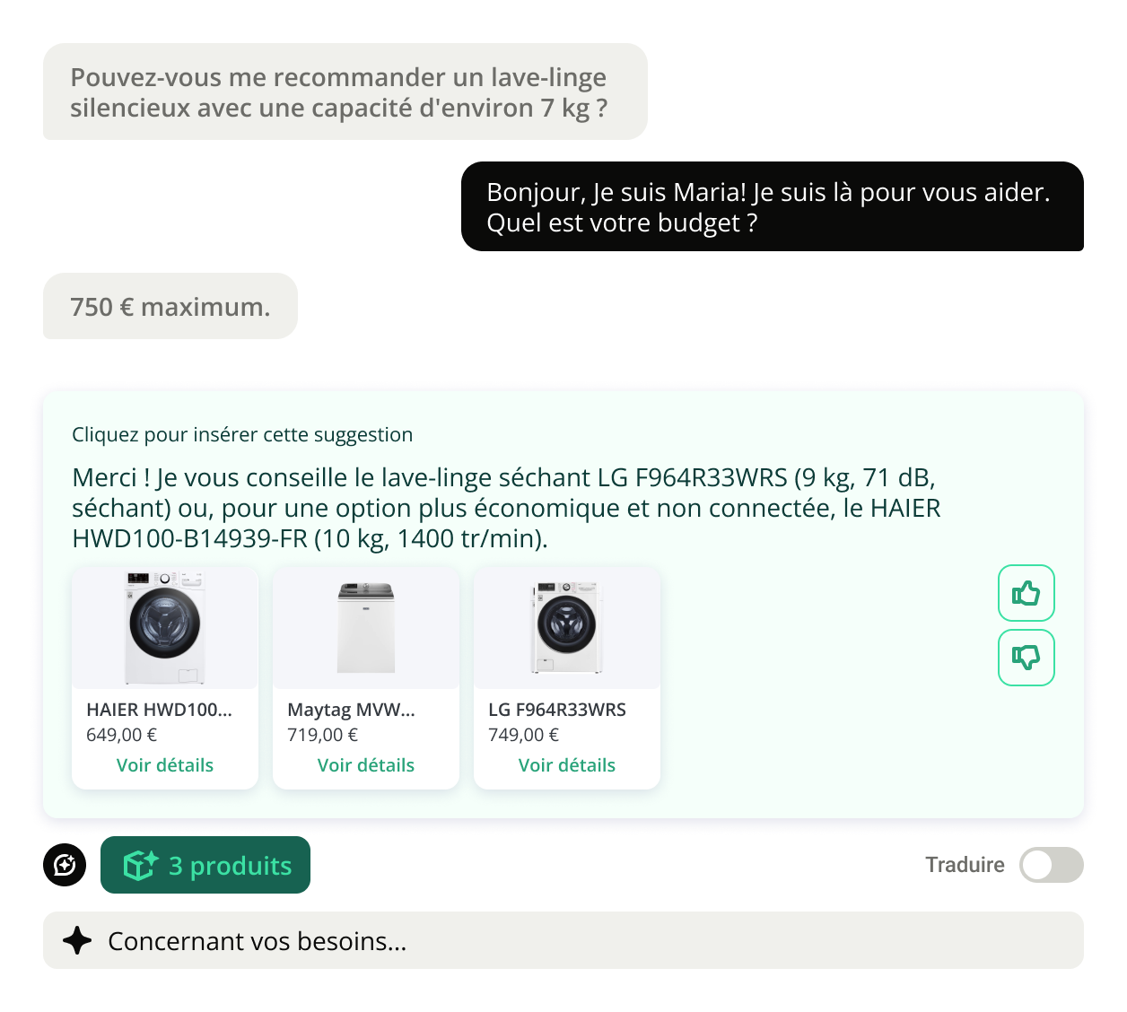 Conversation dans Support Desk&nbsp;: une conseillère reçoit une réponse suggérée avec trois lave-linge recommandés pour un budget de 750&nbsp;€